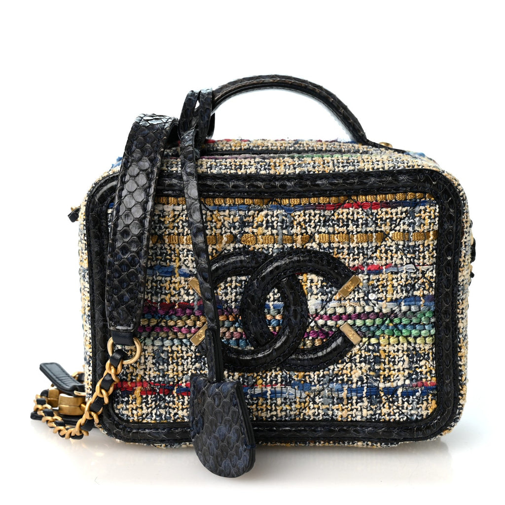 Tweed Snakeskin Quilted Small CC Filigree Vanity Case Navy Multicolor
