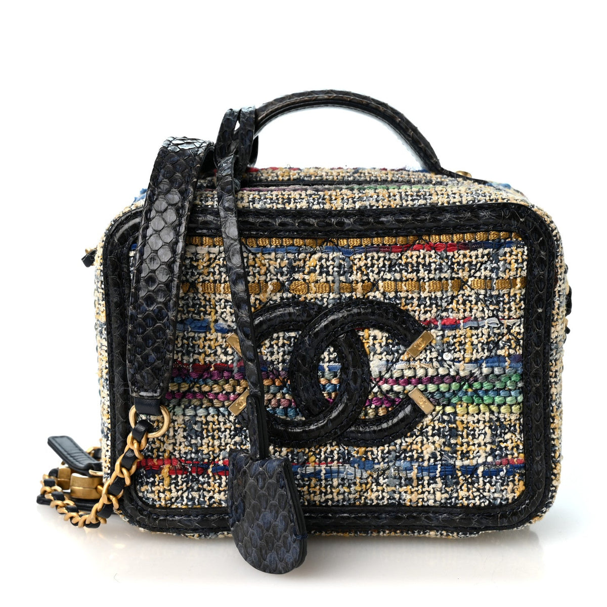 Tweed Snakeskin Quilted Small CC Filigree Vanity Case Navy Multicolor