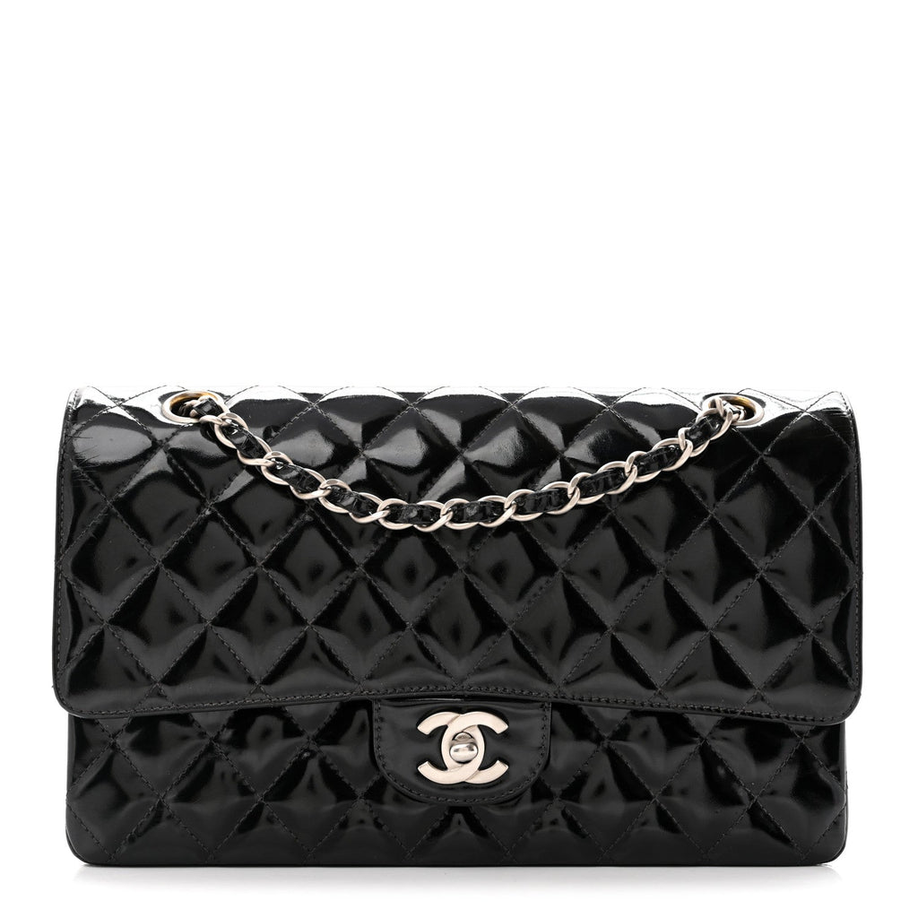 Patent Quilted Medium Double Flap Black