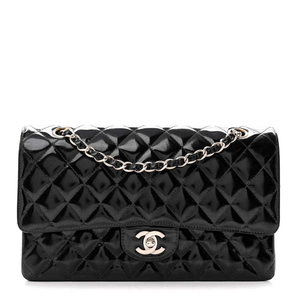 Patent Quilted Medium Double Flap Black