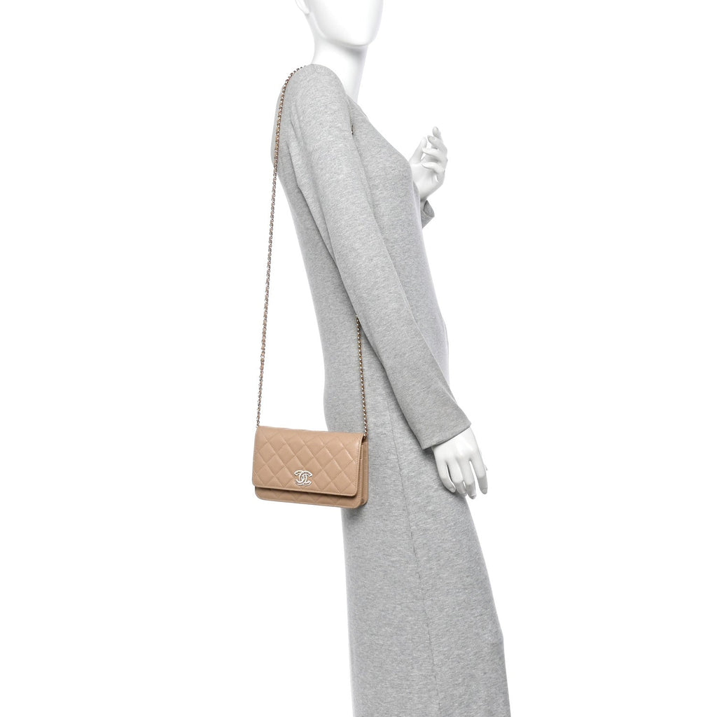 Caviar Quilted Crystal CC Wallet On Chain WOC Beige