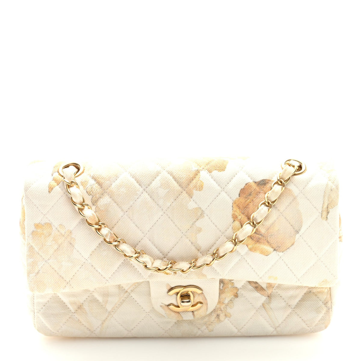 Denim Floral Printed Medium Double Flap Beige