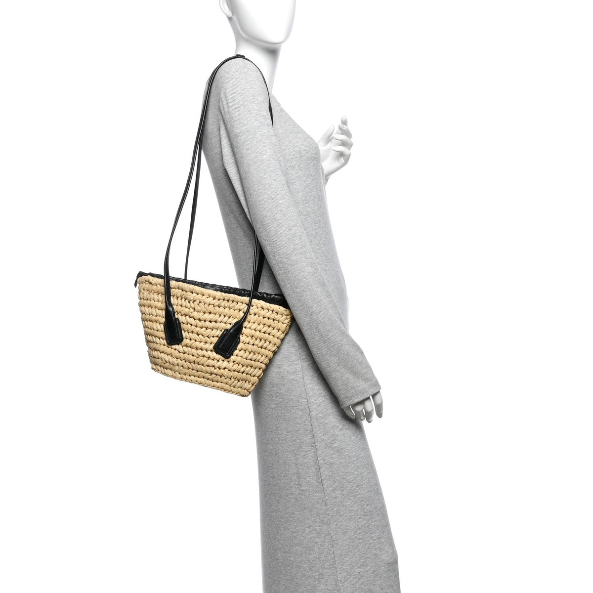 Raffia Calfskin Small Arco Basket Black
