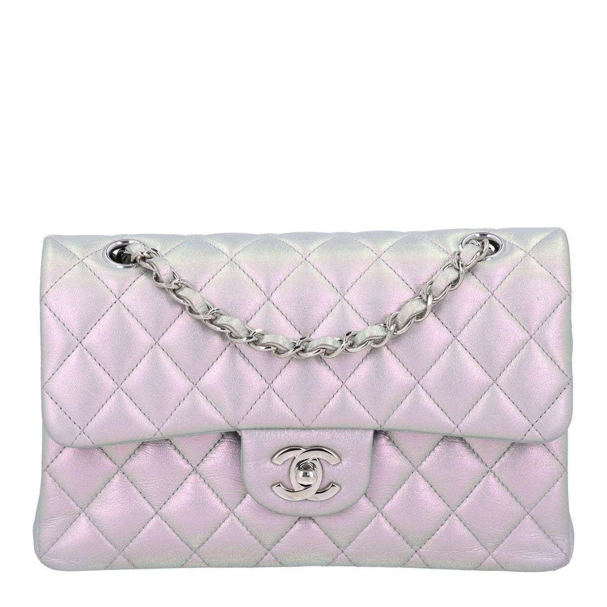 Iridescent Calfskin Quilted Small Double Flap Light Purple