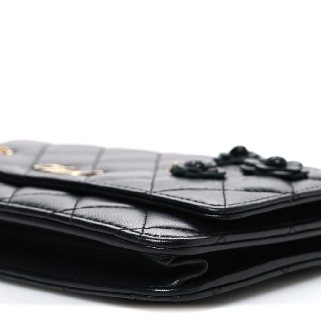 Lambskin Camellia Wallet on Chain WOC Black