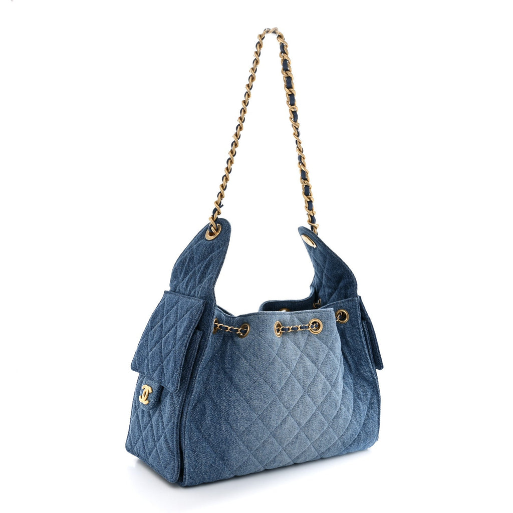 Washed Denim Quilted Small Chanel 25 Handbag Blue