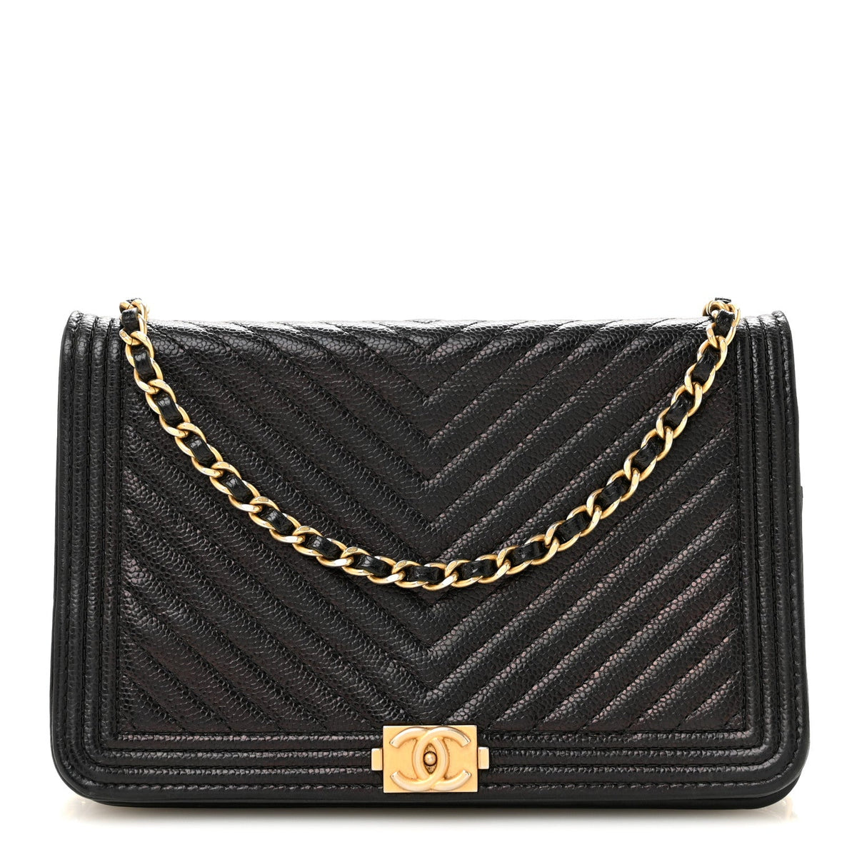 Caviar Chevron Quilted Boy Wallet On Chain WOC Black