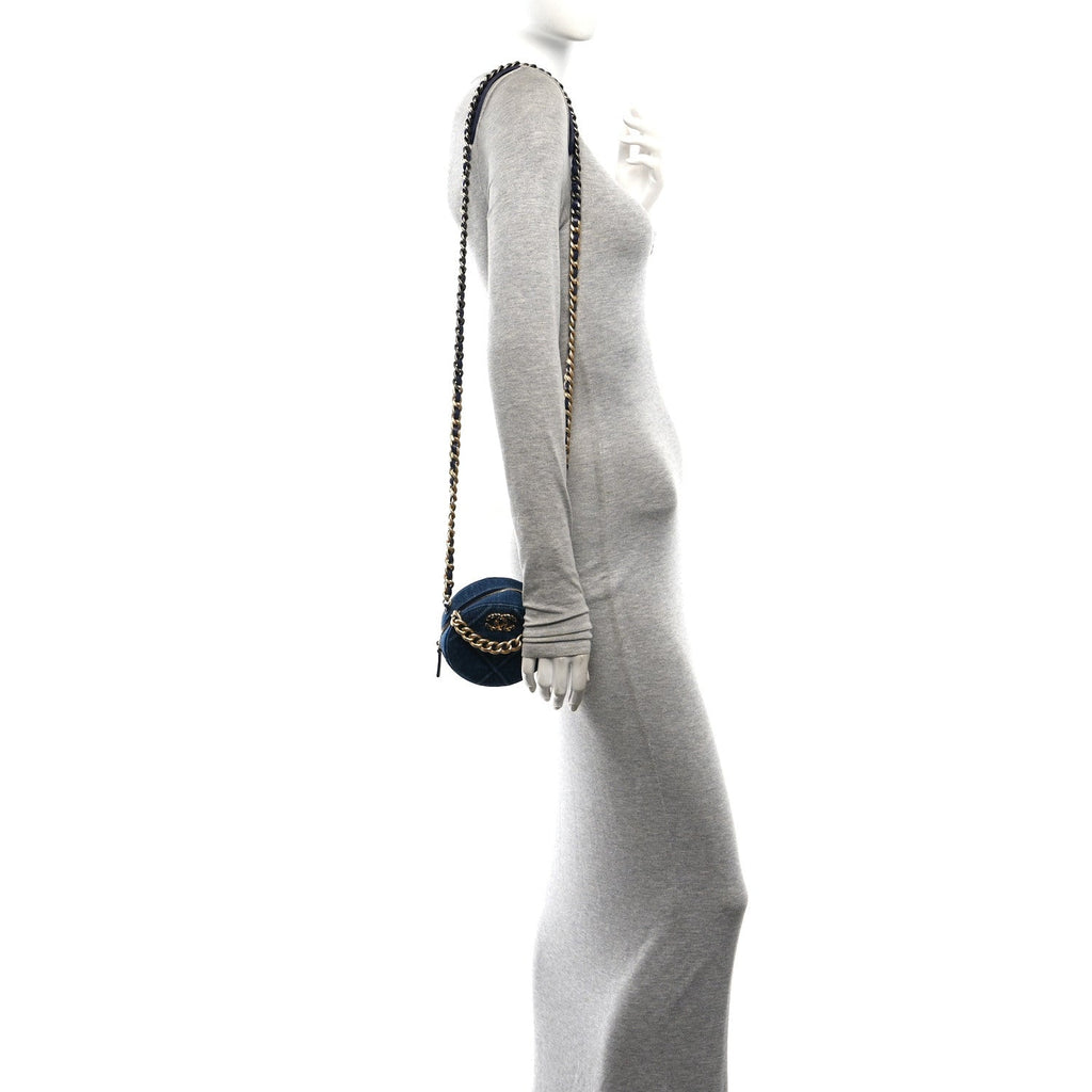 Denim Quilted Chanel 19 Round Clutch With Chain Blue
