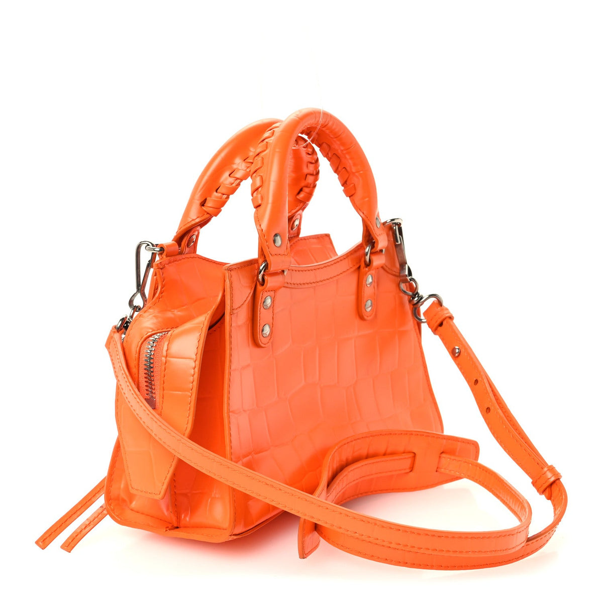 Semi Shiny Calfskin Crocodile Embossed Neo Classic Silver Hardware Mini City Orange