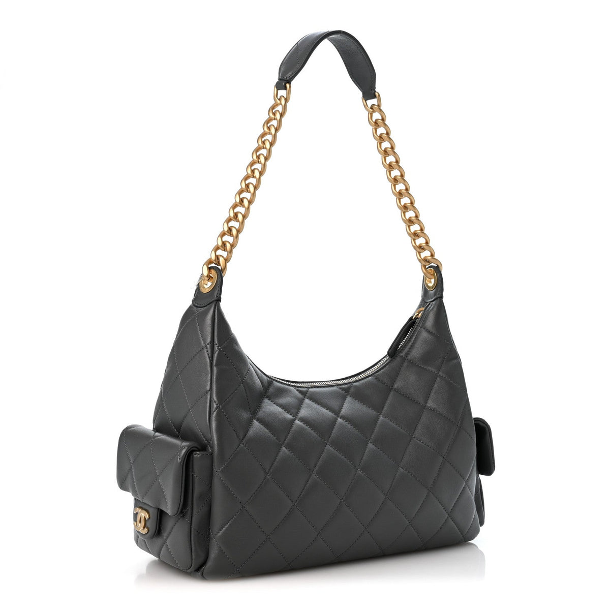 Shiny Lambskin Quilted Trendy Pockets Hobo Dark Grey