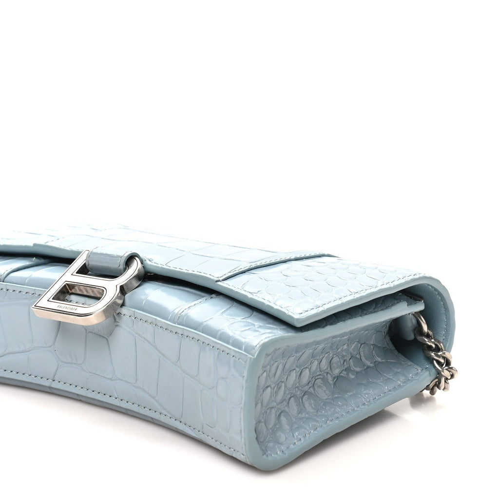 Shiny Calfskin Crocodile Embossed Hourglass Chain Bag Blue Grey
