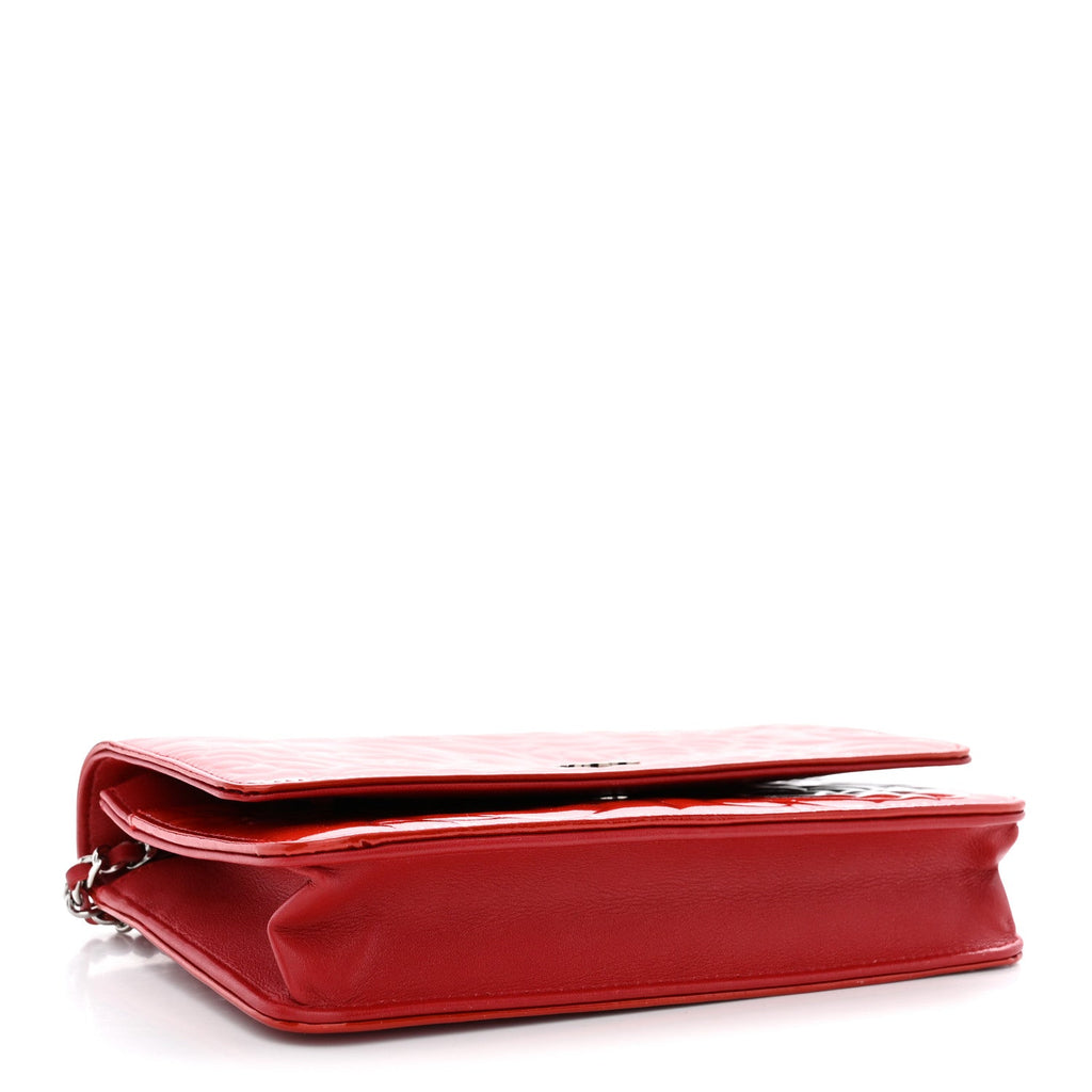 Patent Camellia Embossed Wallet On Chain WOC Dark Red