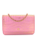Iridescent Calfskin Crocodile Embossed Wallet On Chain WOC Pink