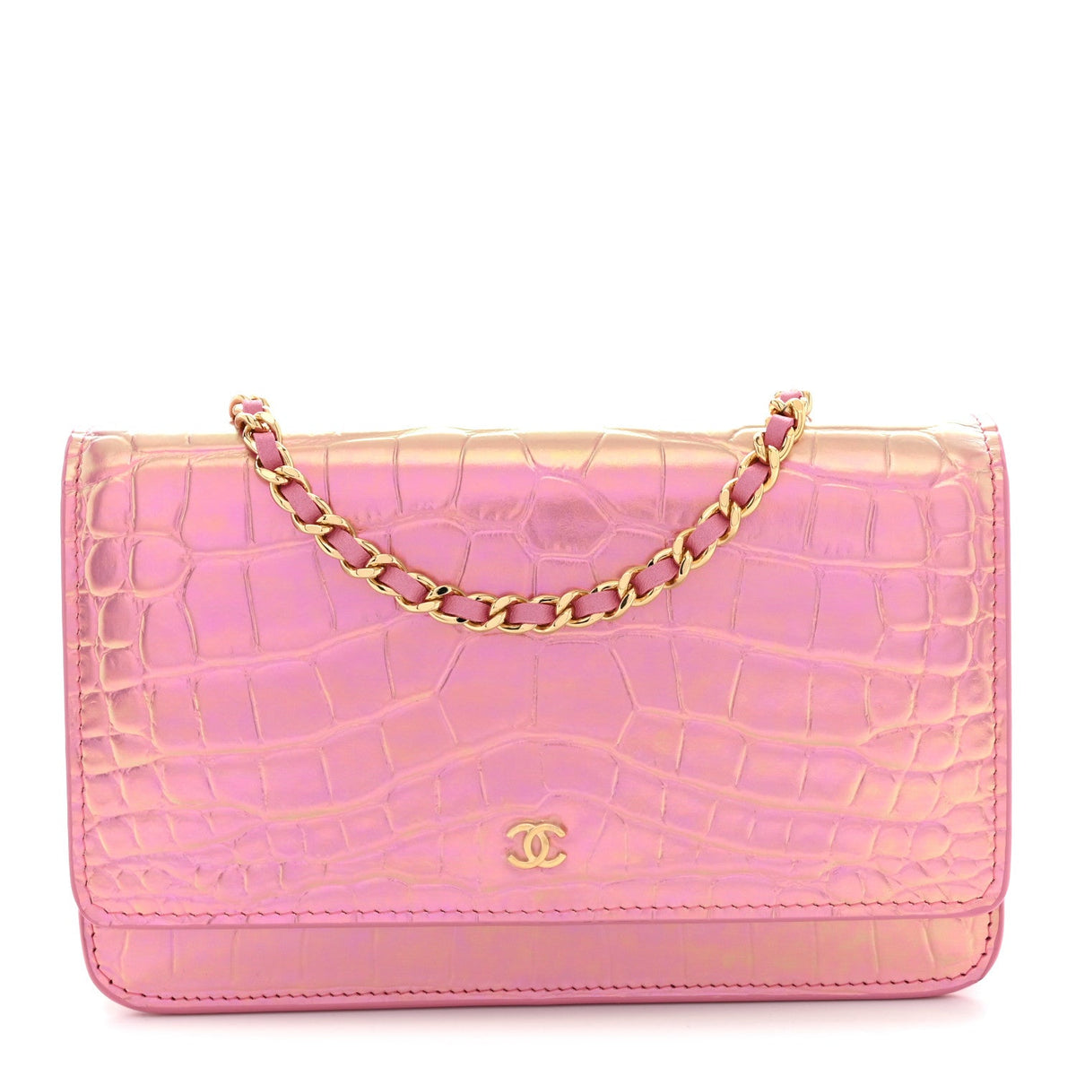 Iridescent Calfskin Crocodile Embossed Wallet On Chain WOC Pink