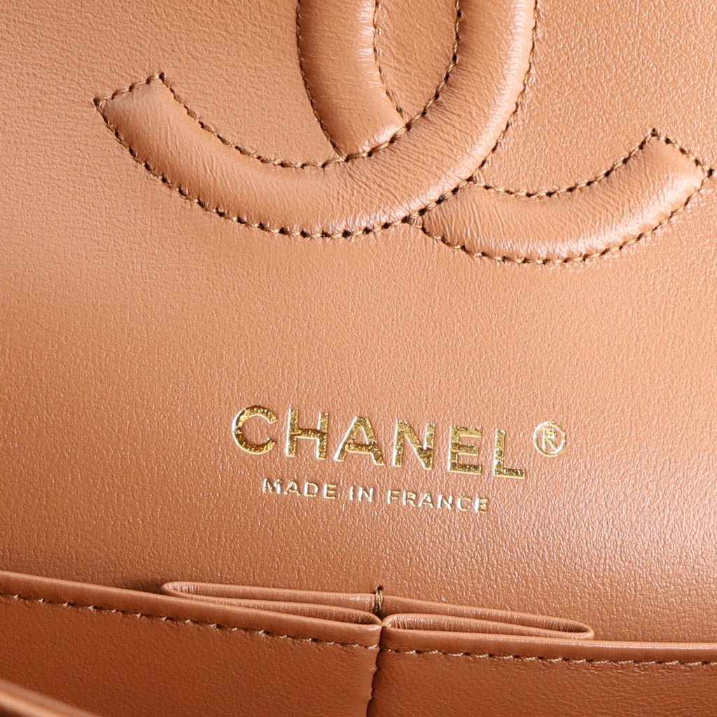 Caviar Quilted Medium Double Flap Light Brown