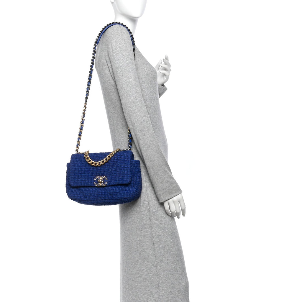 Tweed Quilted Large Chanel 19 Flap Blue