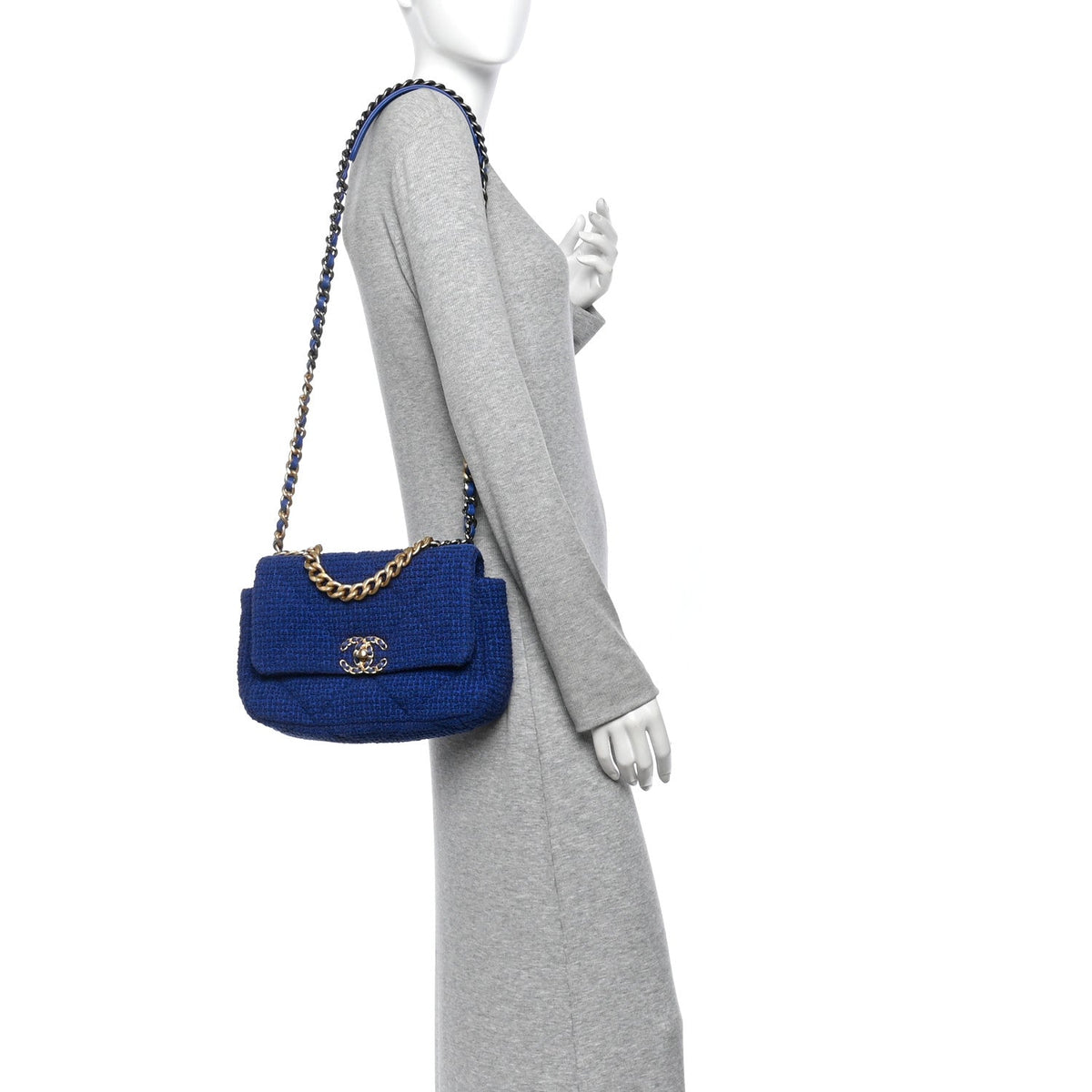 Tweed Quilted Large Chanel 19 Flap Blue