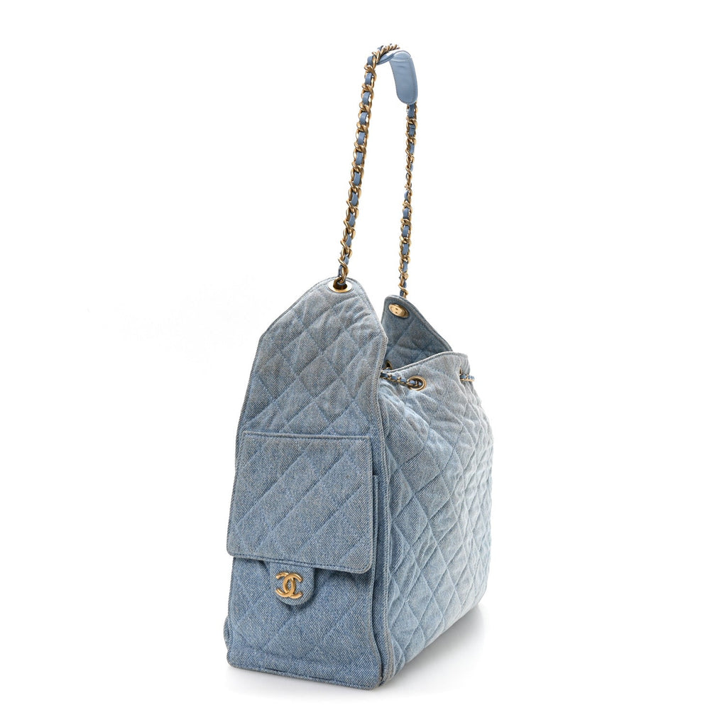 Washed Denim Quilted Medium Chanel 25 Handbag Blue