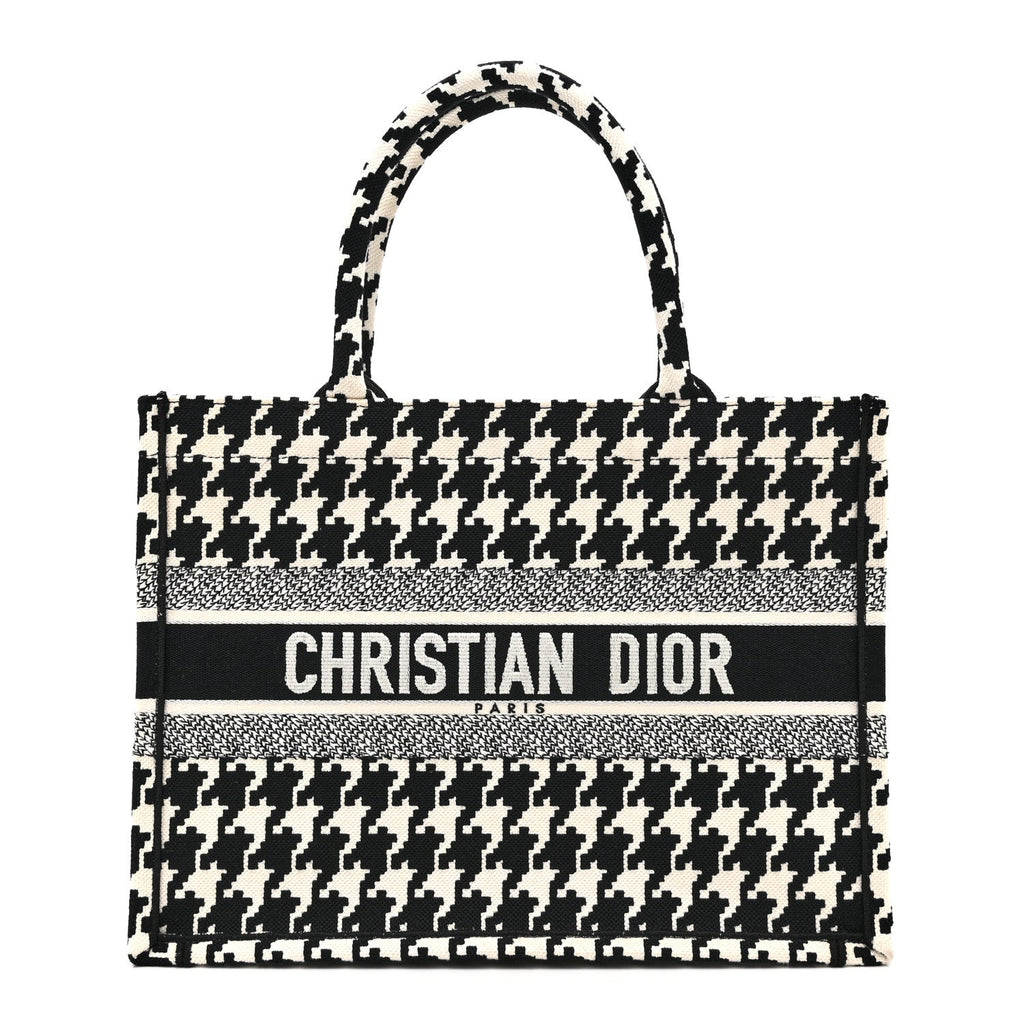 Canvas Houndstooth Embroidered Medium Book Tote Black White