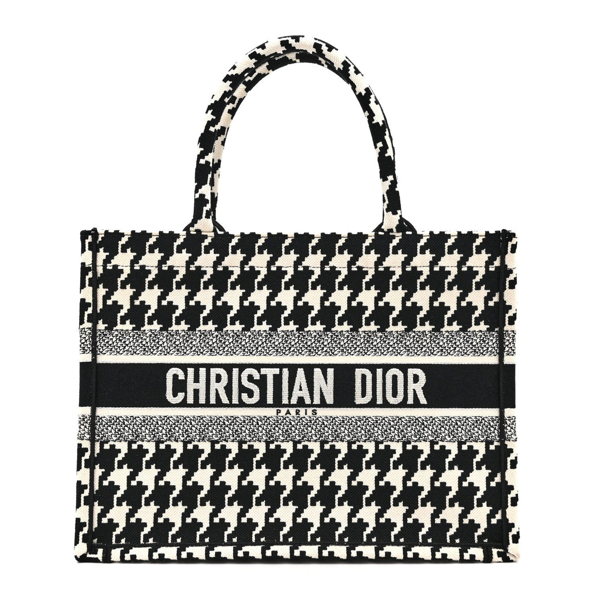 Canvas Houndstooth Embroidered Medium Book Tote Black White