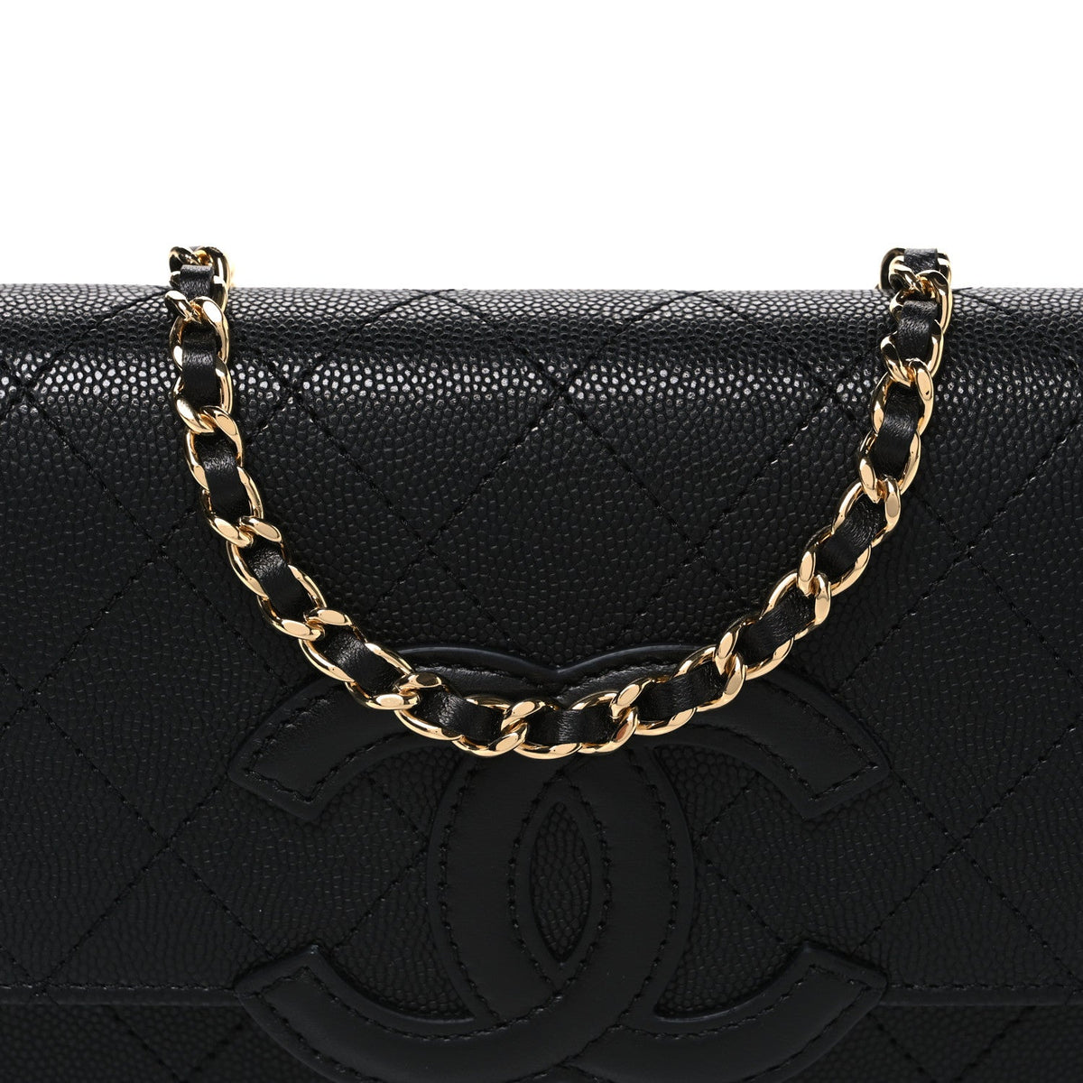 Shiny Caviar Lambskin Quilted CC Neo Filigree Wallet on Chain WOC Black