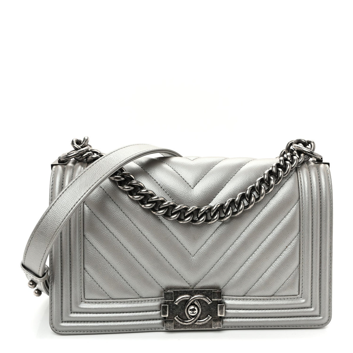 Metallic Caviar Chevron Quilted Medium Boy Flap Silver
