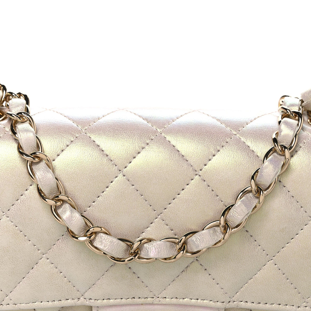 Iridescent Lambskin Quilted Mini Rectangular Flap Ivory