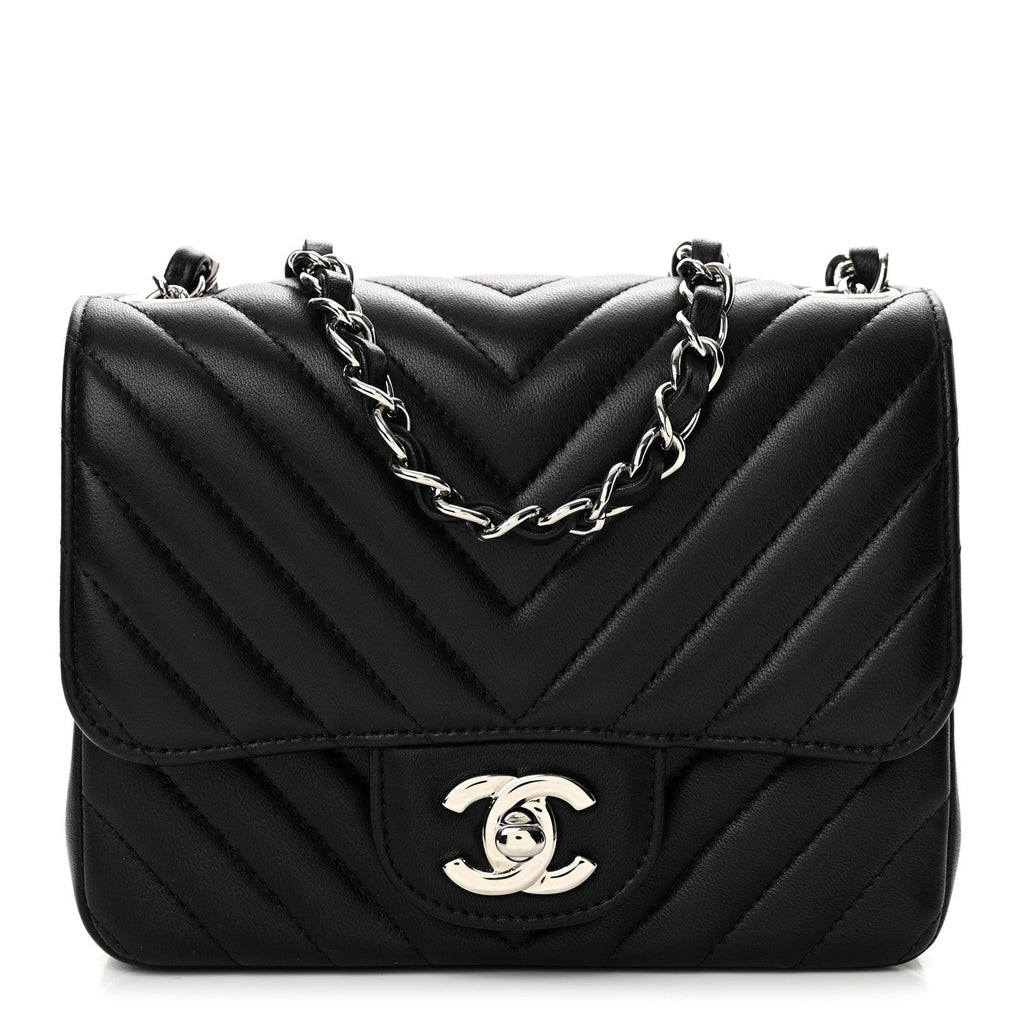 Lambskin Chevron Quilted Mini Square Flap Black