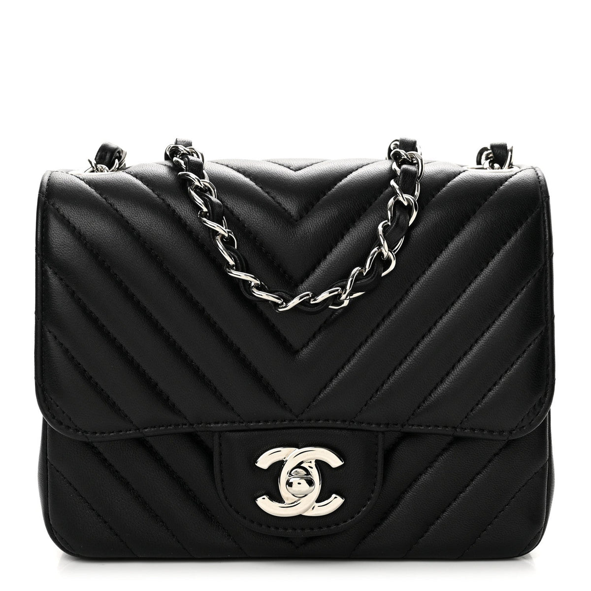 Lambskin Chevron Quilted Mini Square Flap Black
