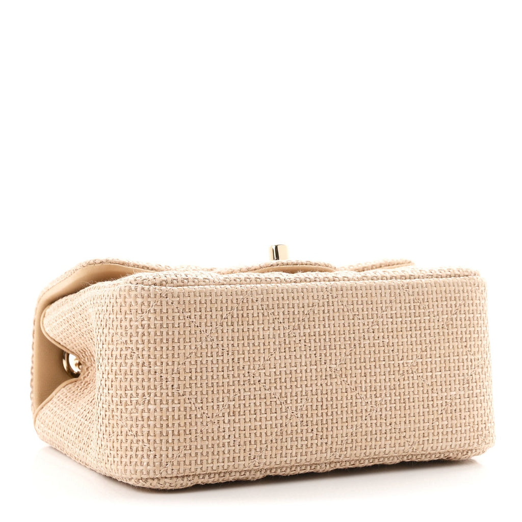 Braided Raffia Quilted Mini Square Flap Dark Beige