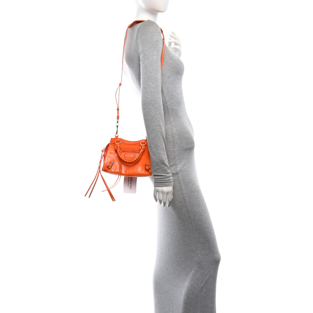 Semi Shiny Calfskin Crocodile Embossed Neo Classic Silver Hardware Mini City Orange