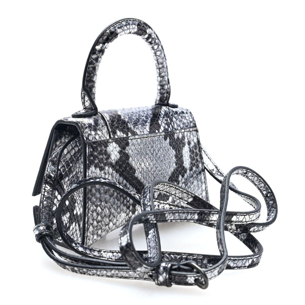 Shiny Calfskin Snakeskin Effect Hourglass Top Handle Bag Mini Silver Black