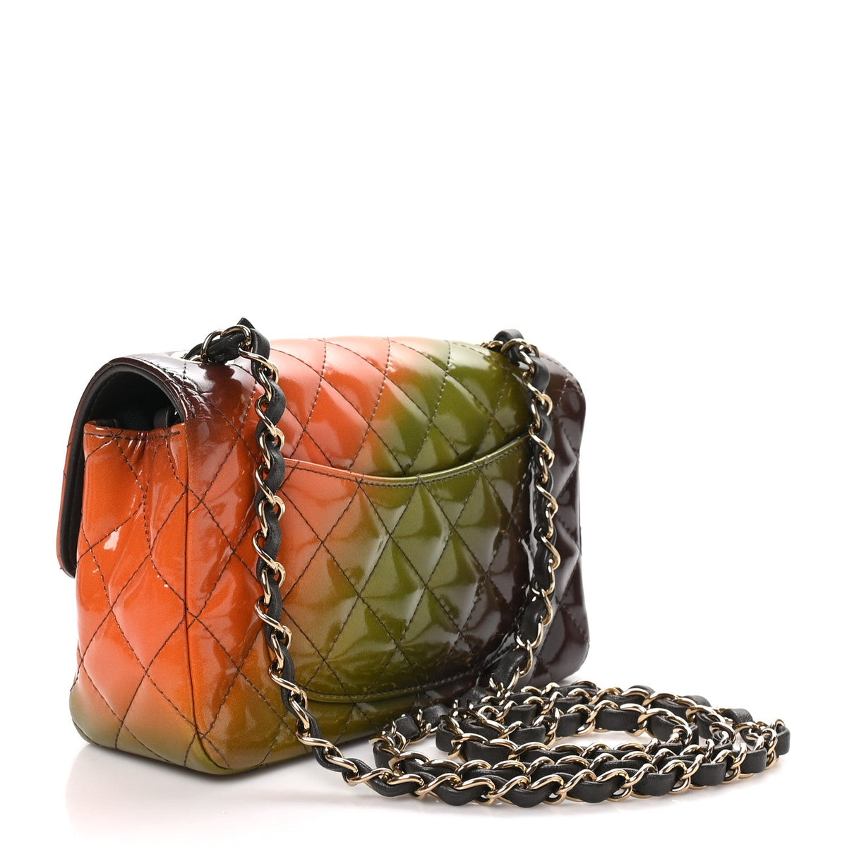Shaded Patent Calfskin Quilted Mini Rectangular Flap Green Orange Dark Brown