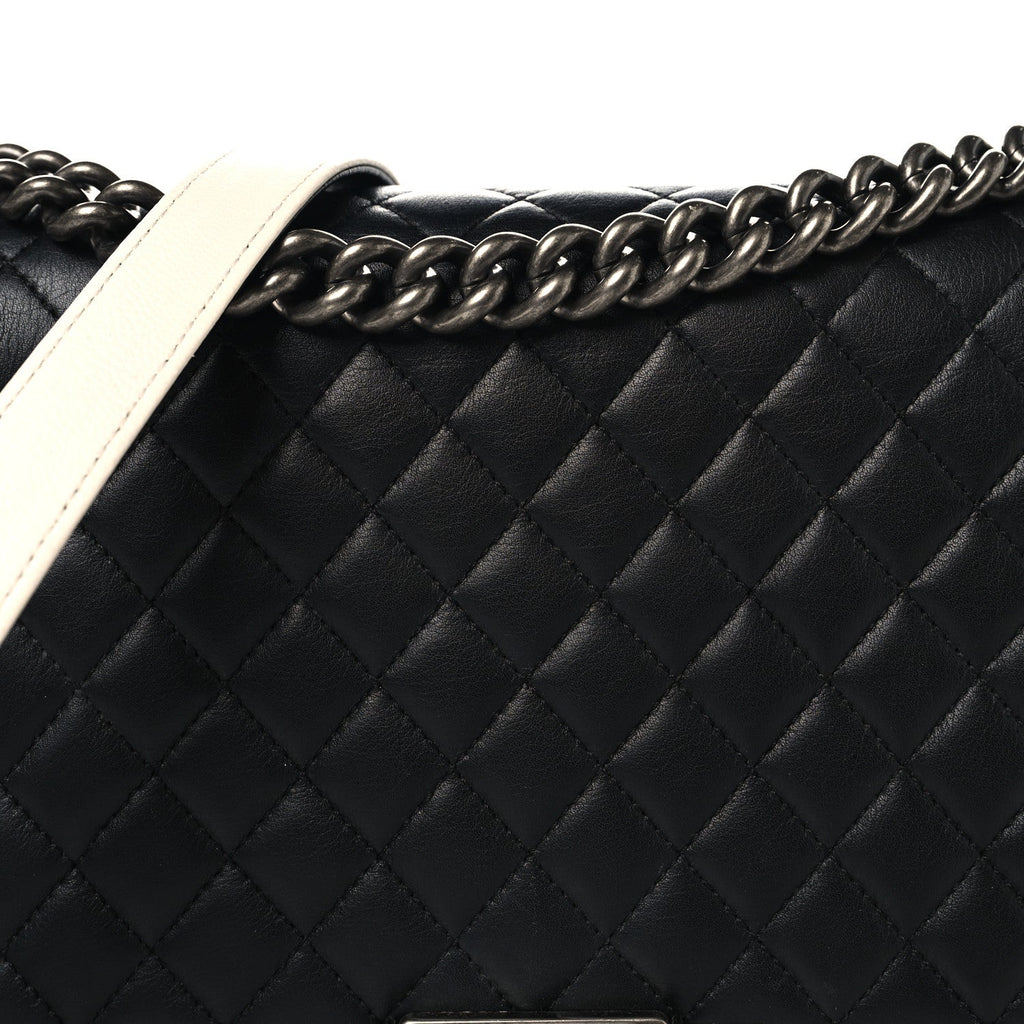 Calfskin Quilted Checkerboard Trim New Medium Boy Flap Black White
