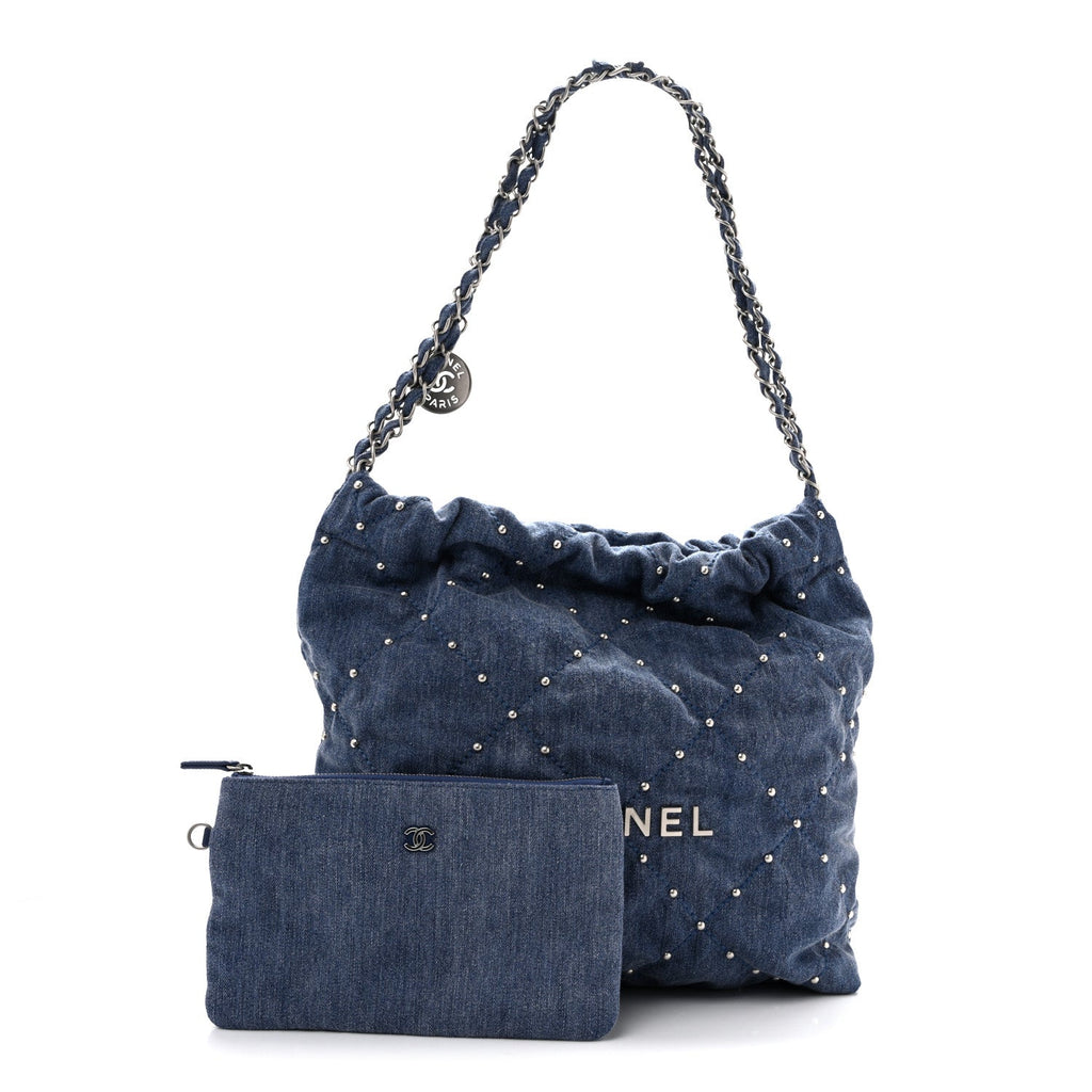 Washed Denim Quilted Studded Small Chanel 22 Blue