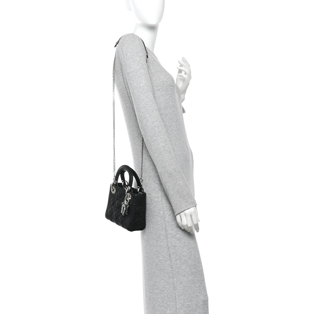 Metallic Calfskin Cannage Mini Lady Dior Black