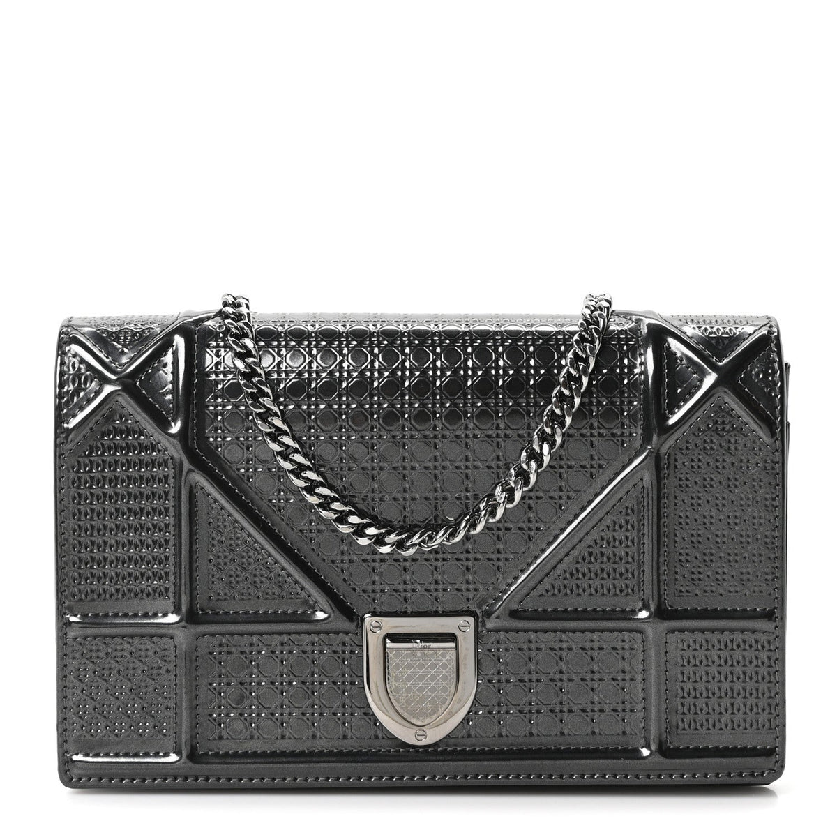 Metallic Patent Micro-Cannage Diorama Wallet on Chain Pouch Onyx Black