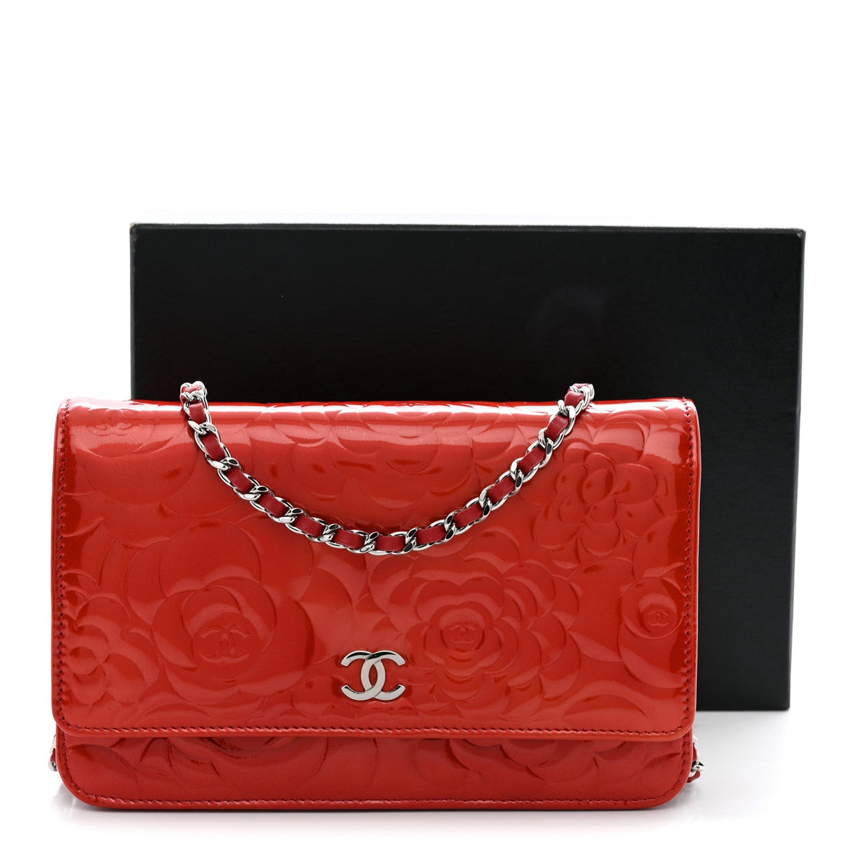 Patent Camellia Embossed Wallet On Chain WOC Dark Red
