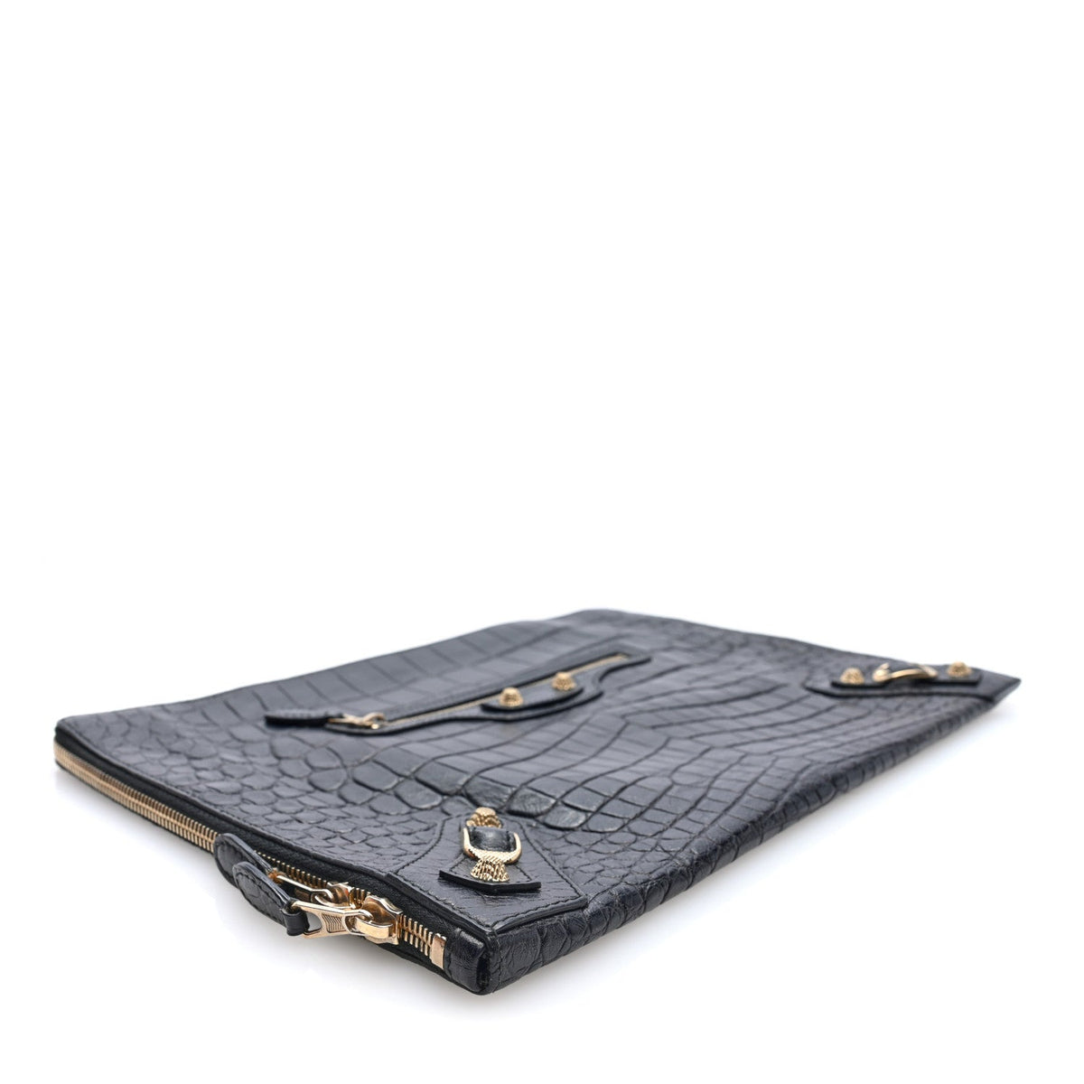 Crocodile Embossed Giant 12 Gold Hardware Pouch Clutch Black