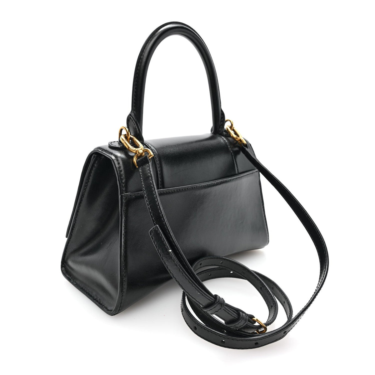 Shiny Box Calfskin Small Hourglass Top Handle Bag Black