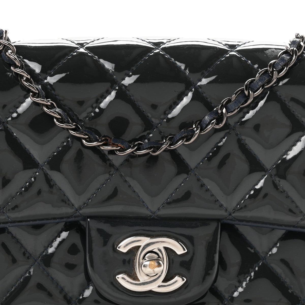 Patent Calfskin Quilted Mini Rectangular Flap Blue