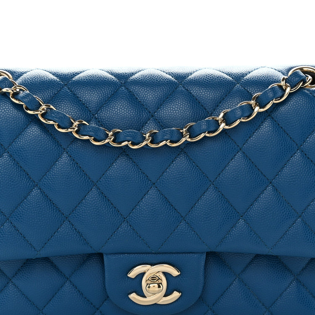 Caviar Quilted Medium Double Flap Blue