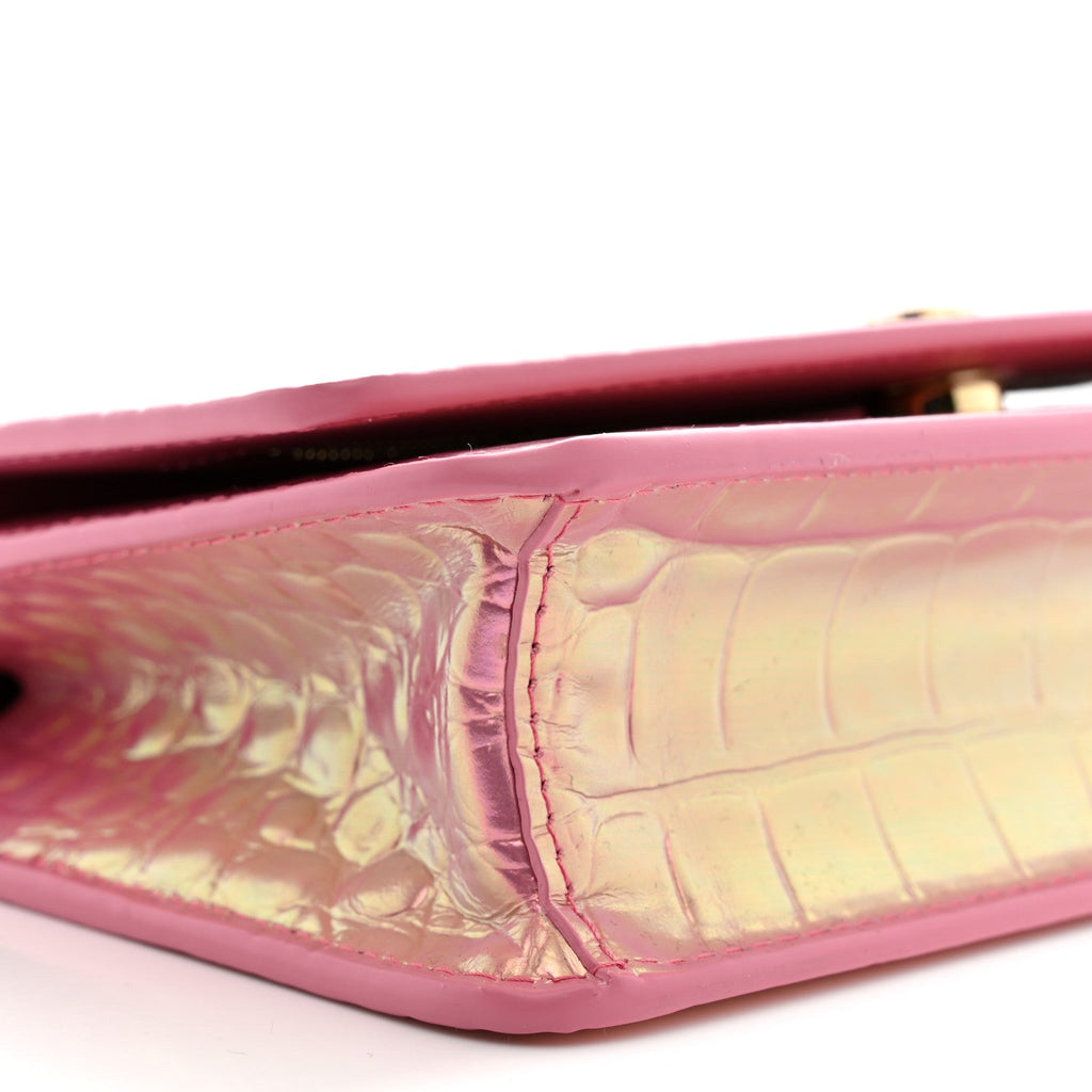 Iridescent Calfskin Crocodile Embossed Wallet On Chain WOC Pink