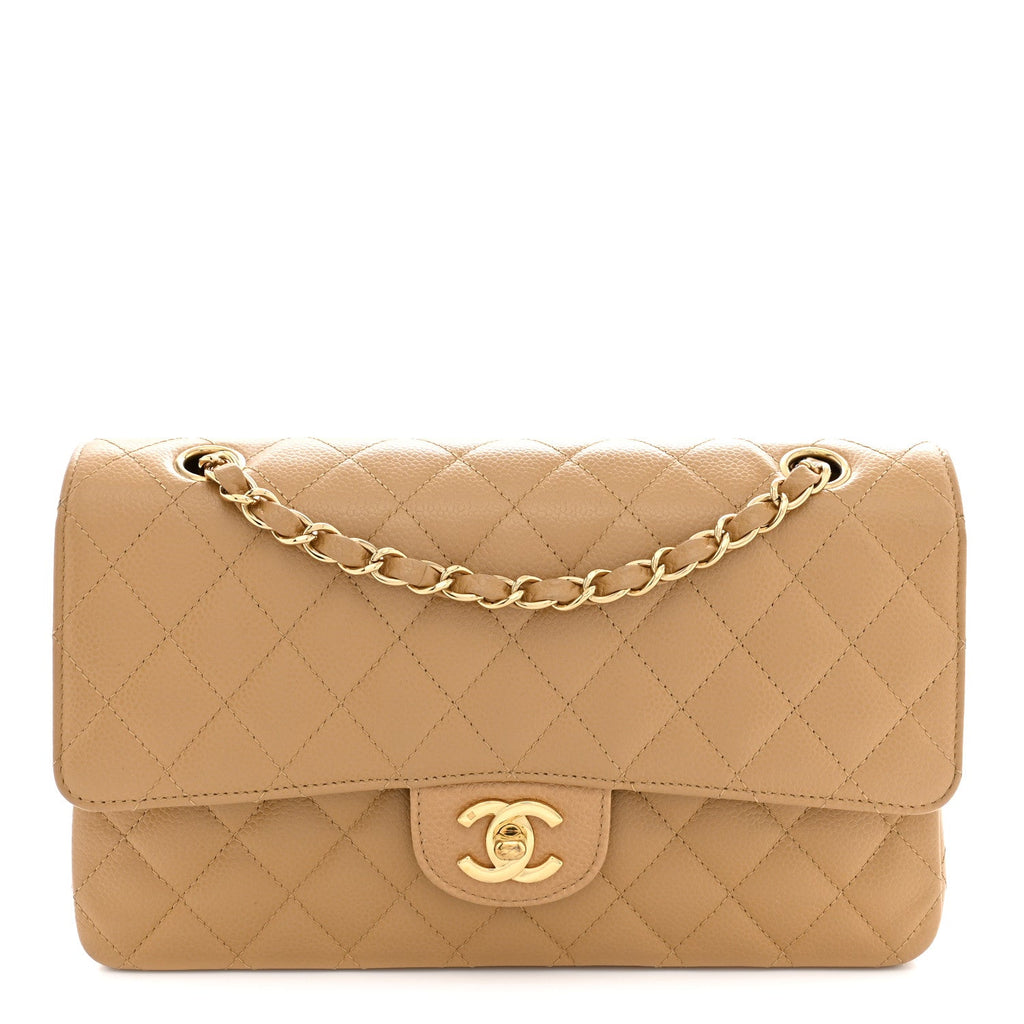 Caviar Quilted Medium Double Flap Beige