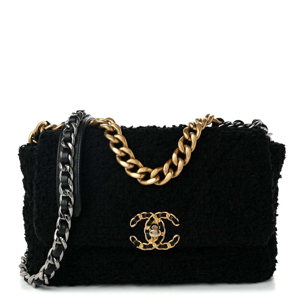 Tweed Quilted Medium Chanel 19 Flap Black