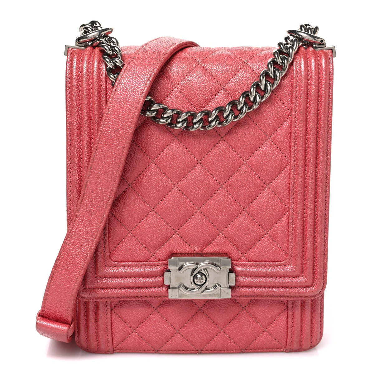 Iridescent Caviar Quilted North South Boy Flap Pink
