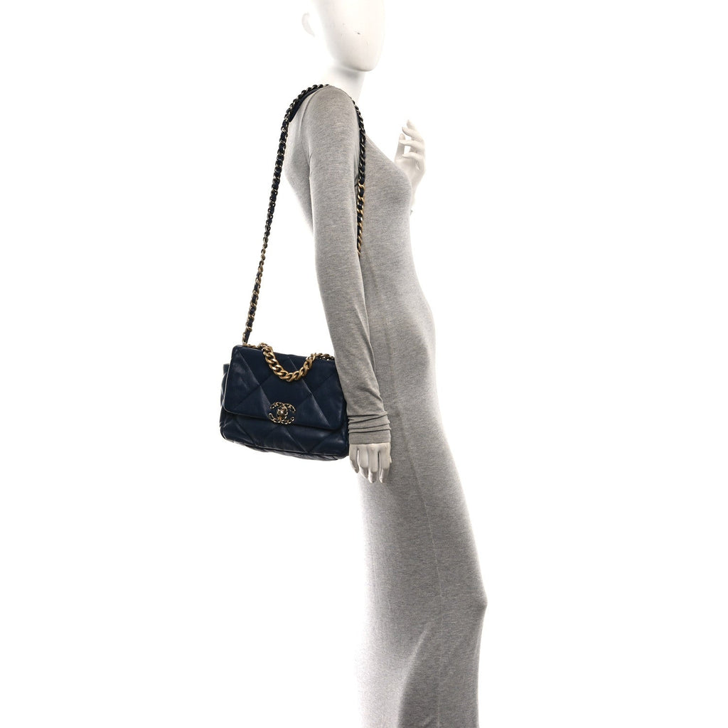 Goatskin Quilted Medium Chanel 19 Flap Navy Blue