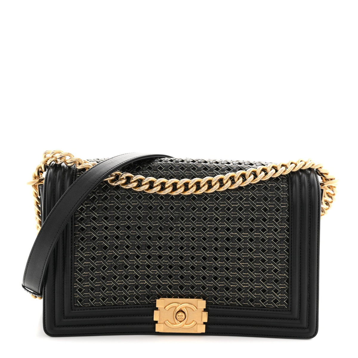 Lambskin Braided Woven Medium Boy Flap Navy Black