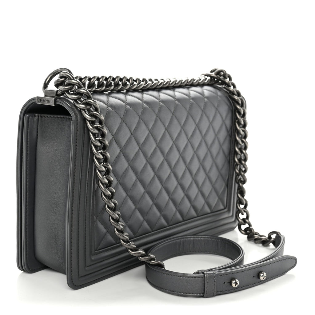 Metallic Calfskin Quilted New Medium Boy Flap Grey