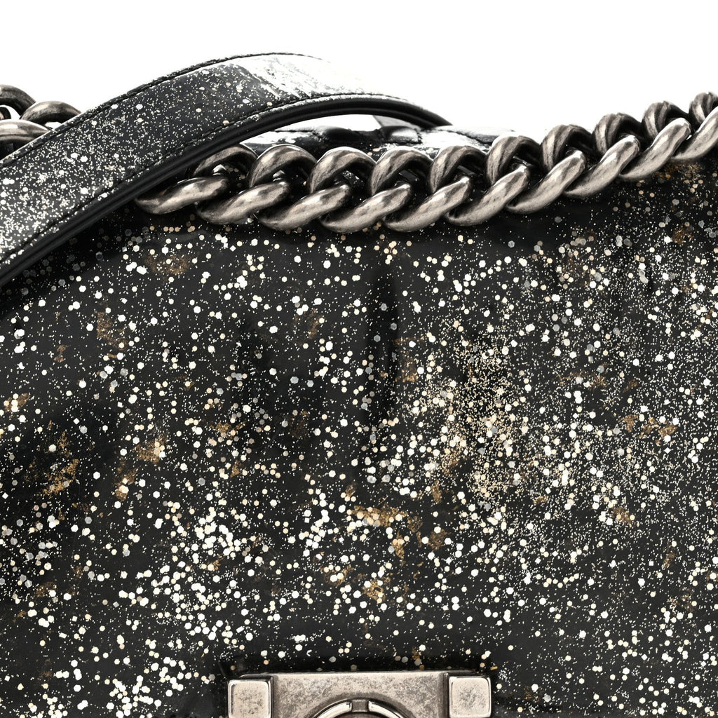 Glitter Glazed Calfskin Medium Boy Flap Black